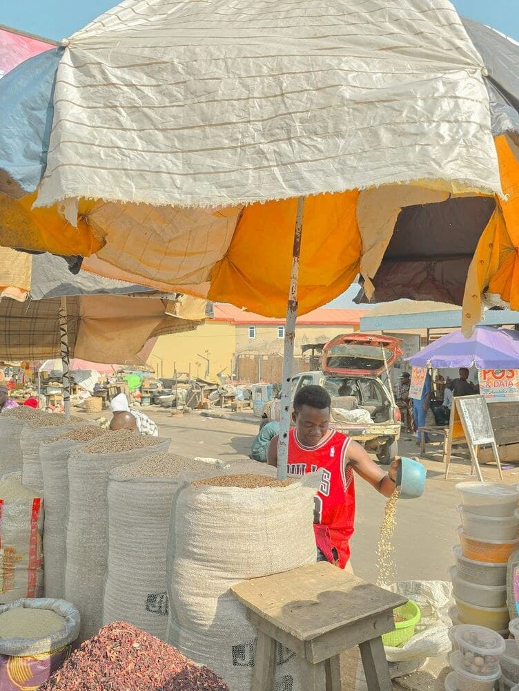 A grains trader at a busy Nigerian market stall